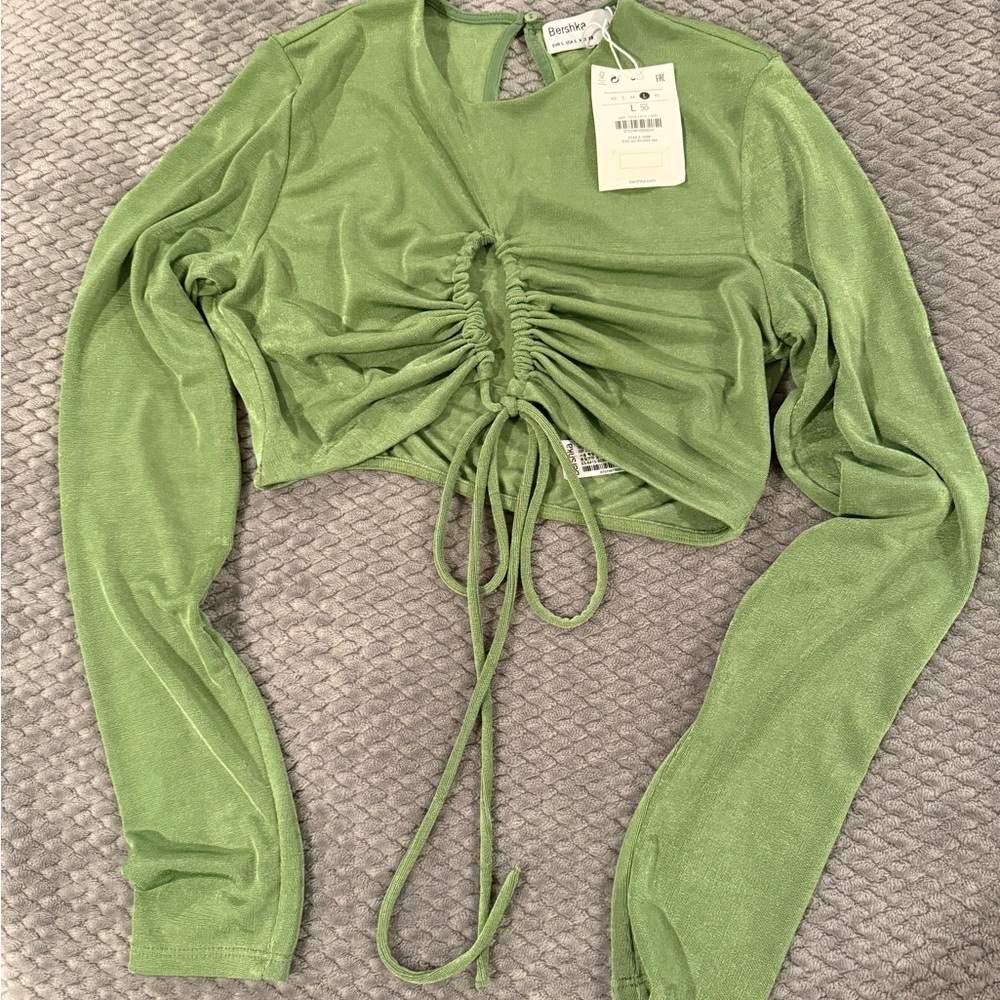Bershka Light Green Ruched Drawstring Long Sleeve Crop Top